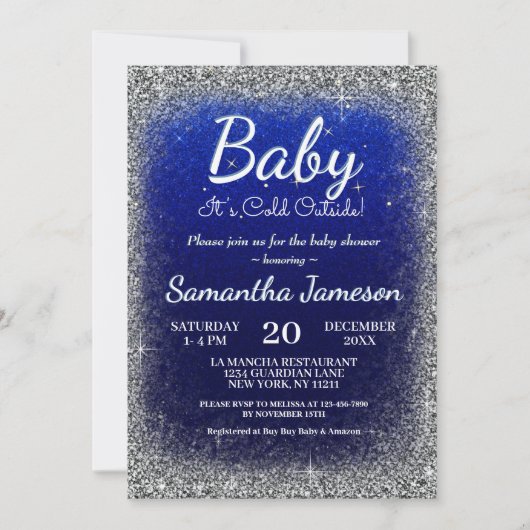 Winter Baby Boy Blue Silver Baby Dusche Glitzer Einladung (Vorderseite)