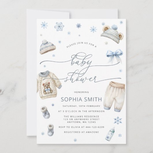 Winter Baby Clothes Boy Baby Dusche Einladung (Vorderseite)