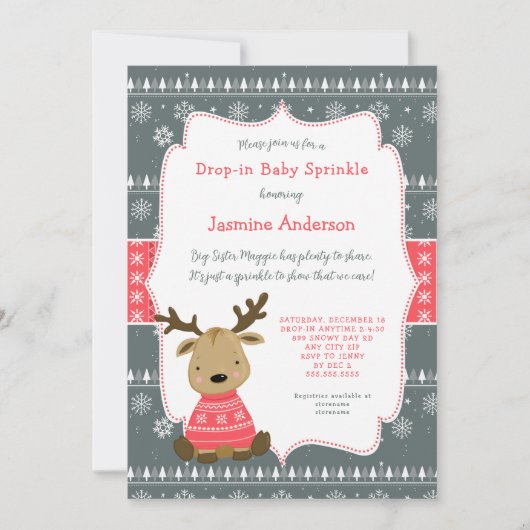 Winter Baby Deer Drop-in Baby Sprinkle Einladung (Vorderseite)