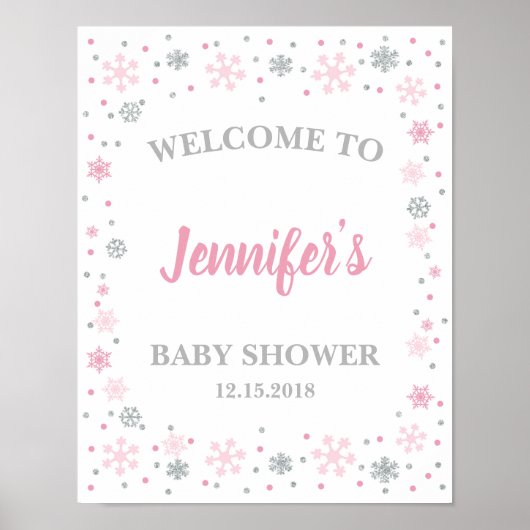 Winter Baby Dusche Begrüßungsschild Pink & Silver Poster (Vorne)