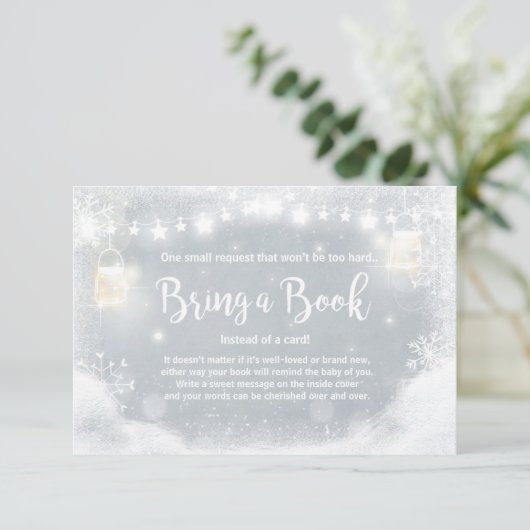 Winter Baby Dusche bringen Buch Schnee Rustikal Gr Begleitkarte (Stehend Vorderseite)