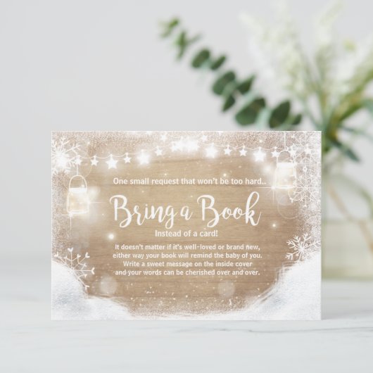 Winter Baby Dusche bringen Buch Schnee Rustikales  Begleitkarte (Stehend Vorderseite)