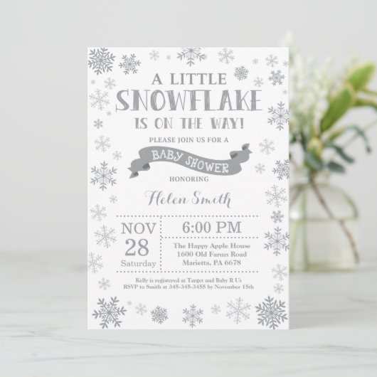 Winter Baby Dusche Einladung Graue Schneeflocke (Stehend Vorderseite)