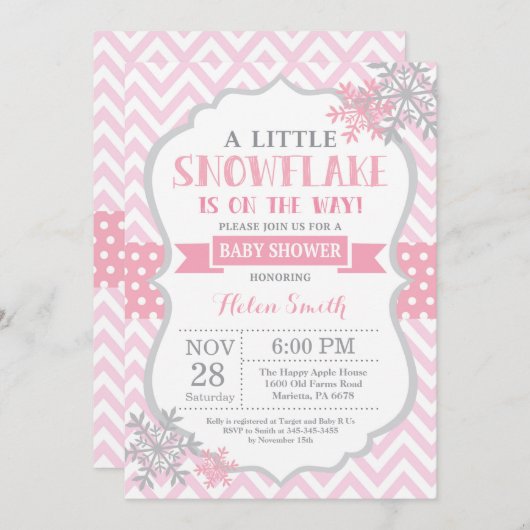 Winter Baby Dusche Einladung Pink Snowflake (Vorne/Hinten)