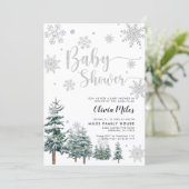 Winter Baby Dusche Einladung Silber Glitzer (Stehend Vorderseite)
