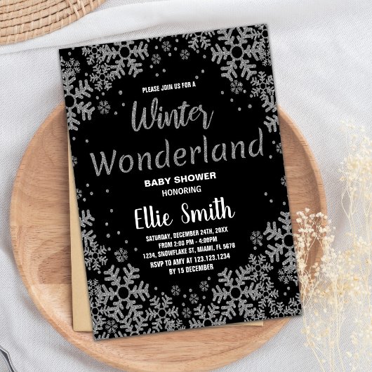 Winter Baby Dusche Einladungen Black Silver