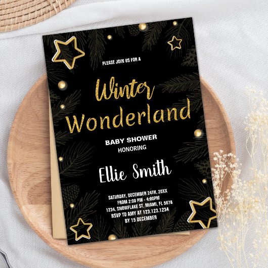 Winter Baby Dusche Einladungen Golden Star Black