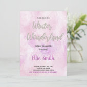 Winter Baby Dusche Einladungen Rosa Glitzer Silber (Stehend Vorderseite)