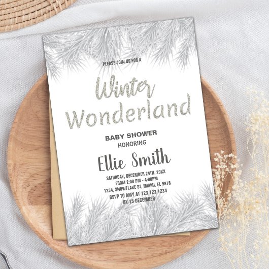 Winter Baby Dusche Einladungen Silver Glitzer Pine