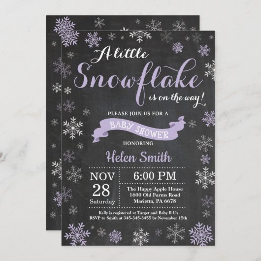 Winter Baby Dusche Lila Snowflake Chalkboard Einladung (Vorne/Hinten)
