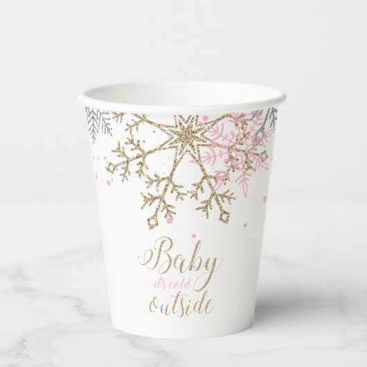 Winter Baby Dusche Pink Gold Schneeflocken Pappbecher (Vorderseite)