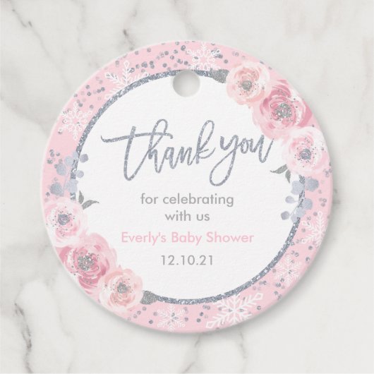 Winter Baby Dusche Pink & Silver Snowflake Dusche Geschenkanhänger (Vorderseite)