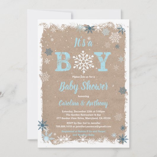 Winter Baby Dusche Schneeflocke rustikal sein Jung Einladung (Vorderseite)