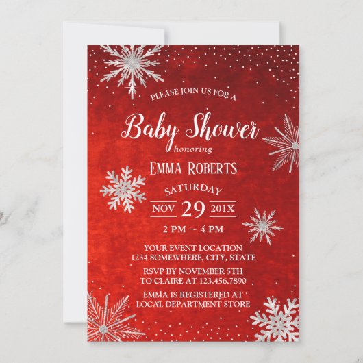 Winter Baby Dusche Silver Snowflakes Elegantes Rot Einladung (Vorderseite)