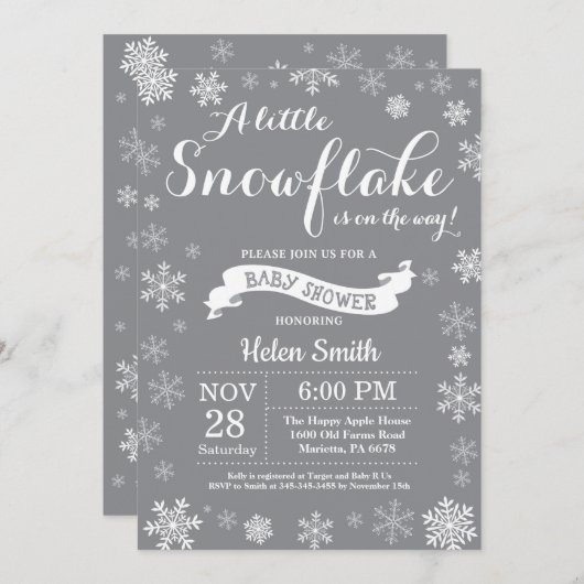 Winter Baby Dusche Weiß und Grau Schneeflocke Einladung (Vorne/Hinten)