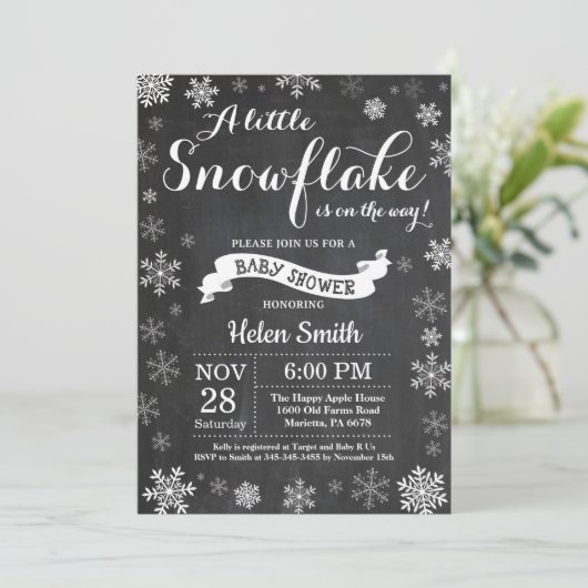 Winter Baby Dusche White Snowflake Chalkboard Einladung (Stehend Vorderseite)