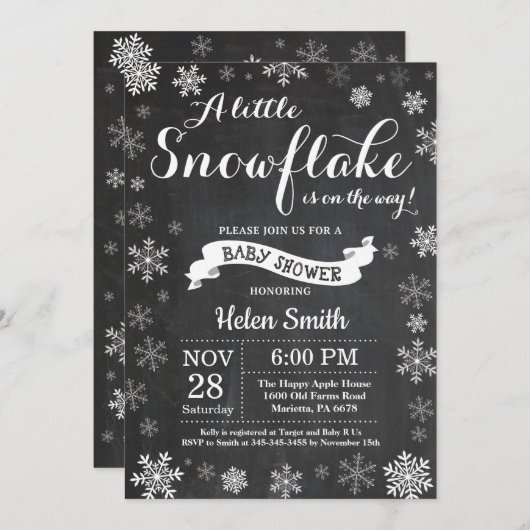 Winter Baby Dusche White Snowflake Chalkboard Einladung (Vorne/Hinten)