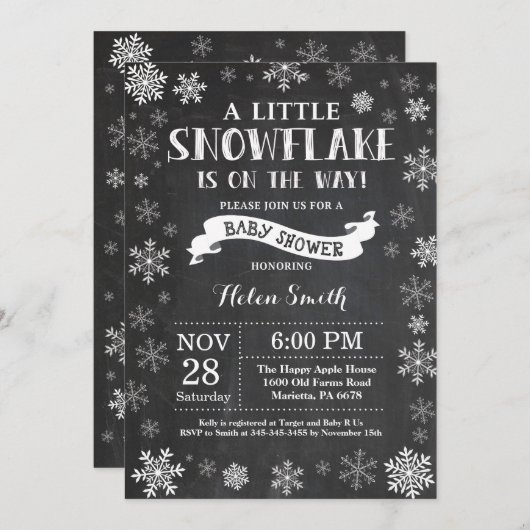 Winter Baby Dusche White Snowflake Chalkboard Einladung (Vorne/Hinten)