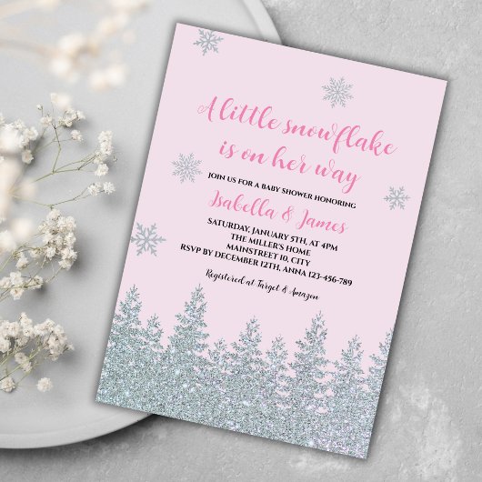 Winter Baby Girl Dusche Woodland Kleine Schneefloc Einladung