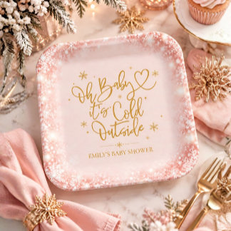 Winter-Baby-Party Pink Gold Schneeflocke Pappteller