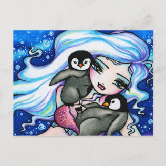 Winter Baby Penguins Mermaid Fantasy Art Postcard Postkarte