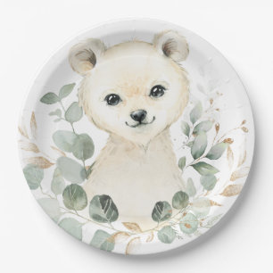 Winter Baby Polar Bear Eukalyptus Greenery Gold Pappteller