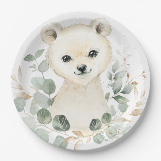 Winter Baby Polar Bear Eukalyptus Greenery Gold Pappteller (Vorderseite)