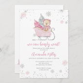 Winter Baby Shower Bear and Snow pink invite Save The Date (Vorne/Hinten)