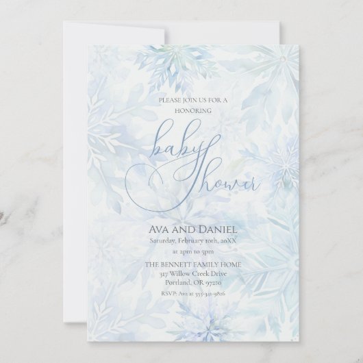 Winter Baby Shower Boy Blue Snowflake Einladung (Vorderseite)