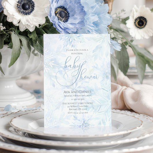 Winter Baby Shower Boy Blue Snowflake Einladung