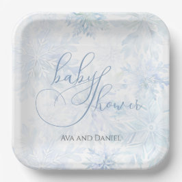 Winter Baby Shower Boy Blue Snowflake Pappteller