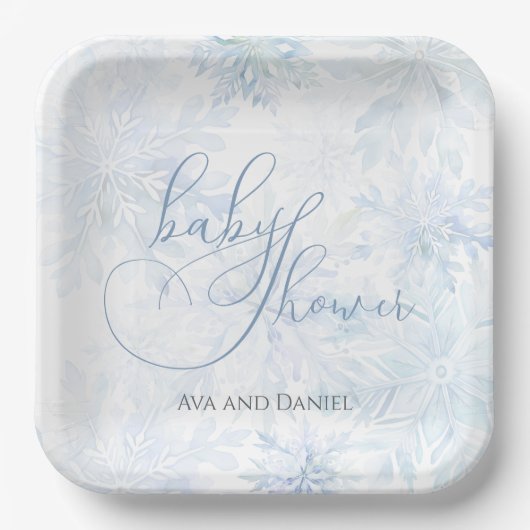Winter Baby Shower Boy Blue Snowflake Pappteller (Vorderseite)