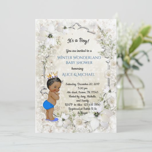 Winter Baby Shower Boy, weiß, Winter Wonderland Einladung (Stehend Vorderseite)