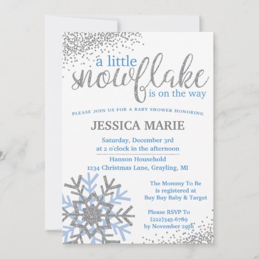 Winter Baby Shower Einladung - Blue Snowflake (Vorderseite)