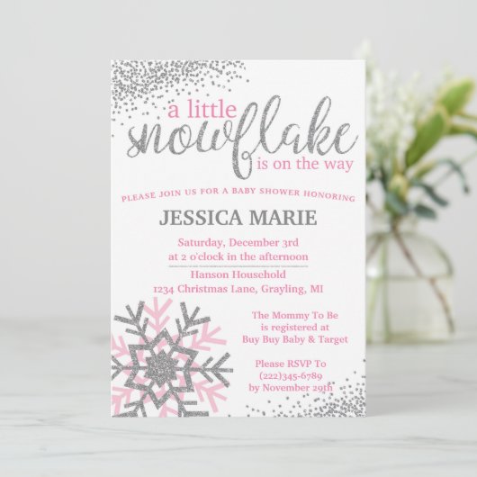 Winter Baby Shower Einladung - Pink Snowflake (Stehend Vorderseite)