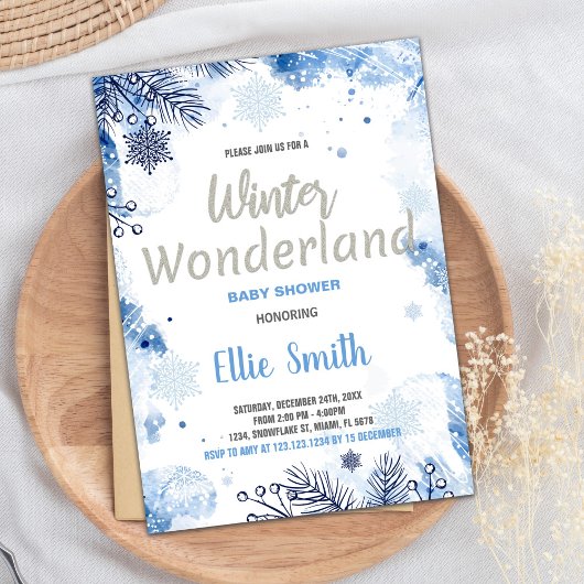 Winter Baby Shower Einladungen Blue Glitzer Silver