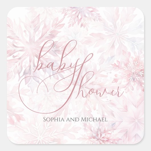 Winter Baby Shower Girl Pink Snowflake Quadratischer Aufkleber (Vorderseite)
