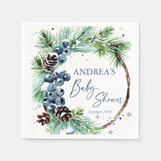 Winter baby shower pines wreath monogrammed serviette (Vorderseite)