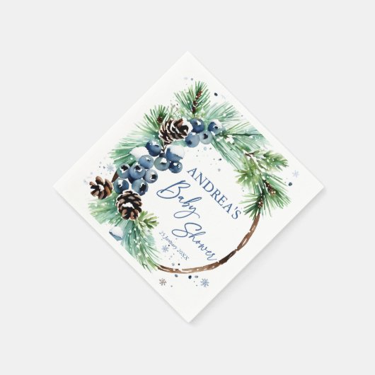 Winter baby shower pines wreath monogrammed serviette (Ecke)