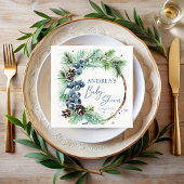 Winter baby shower pines wreath monogrammed serviette