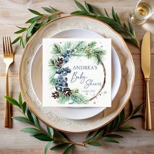 Winter baby shower pines wreath monogrammed serviette