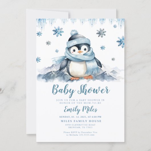 Winter Baby Shower Pinguin Einladung (Vorderseite)