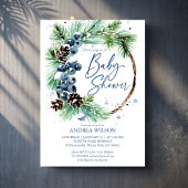 Winter baby shower snowy pines wreath dusty blue einladung