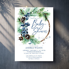 Winter baby shower snowy pines wreath dusty blue einladung