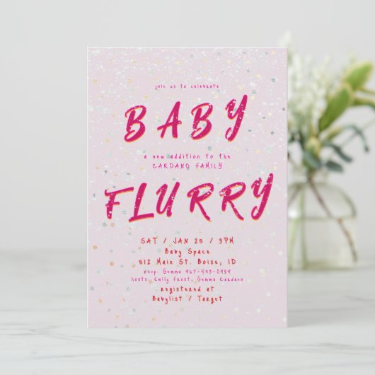 Winter Baby Sprinkle | Rosa Schneeflocken Einladung (Stehend Vorderseite)