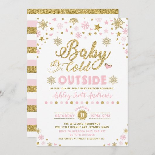 Winter-Babyparty-Einladungs-Rosa-Goldschneeflocke Einladung (Vorne/Hinten)