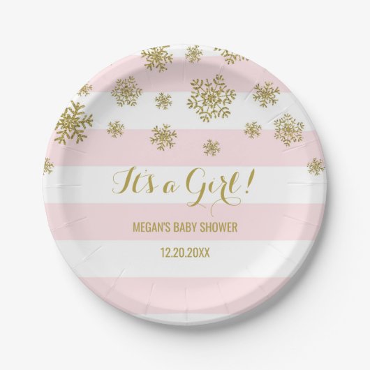 Winter-Babyparty-Platten-Rosa Stripes Goldschnee Pappteller (Vorderseite)