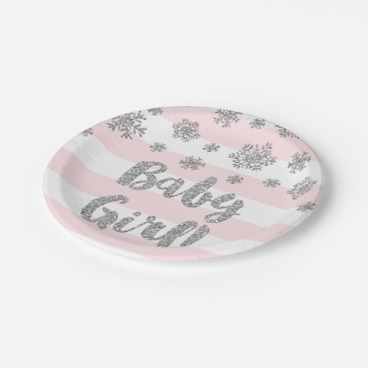 Winter-Babyparty-Platten-Rosa Stripes silbernen Pappteller (Schrägansicht)