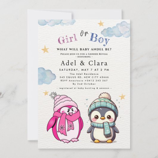 Winter-Babyshower für Mädchen oder Jungen (geschle Einladung (Vorderseite)