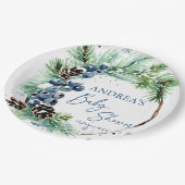 Winter-Babyshower-Tannen-Kranz monogrammiert Pappteller (Schrägansicht)